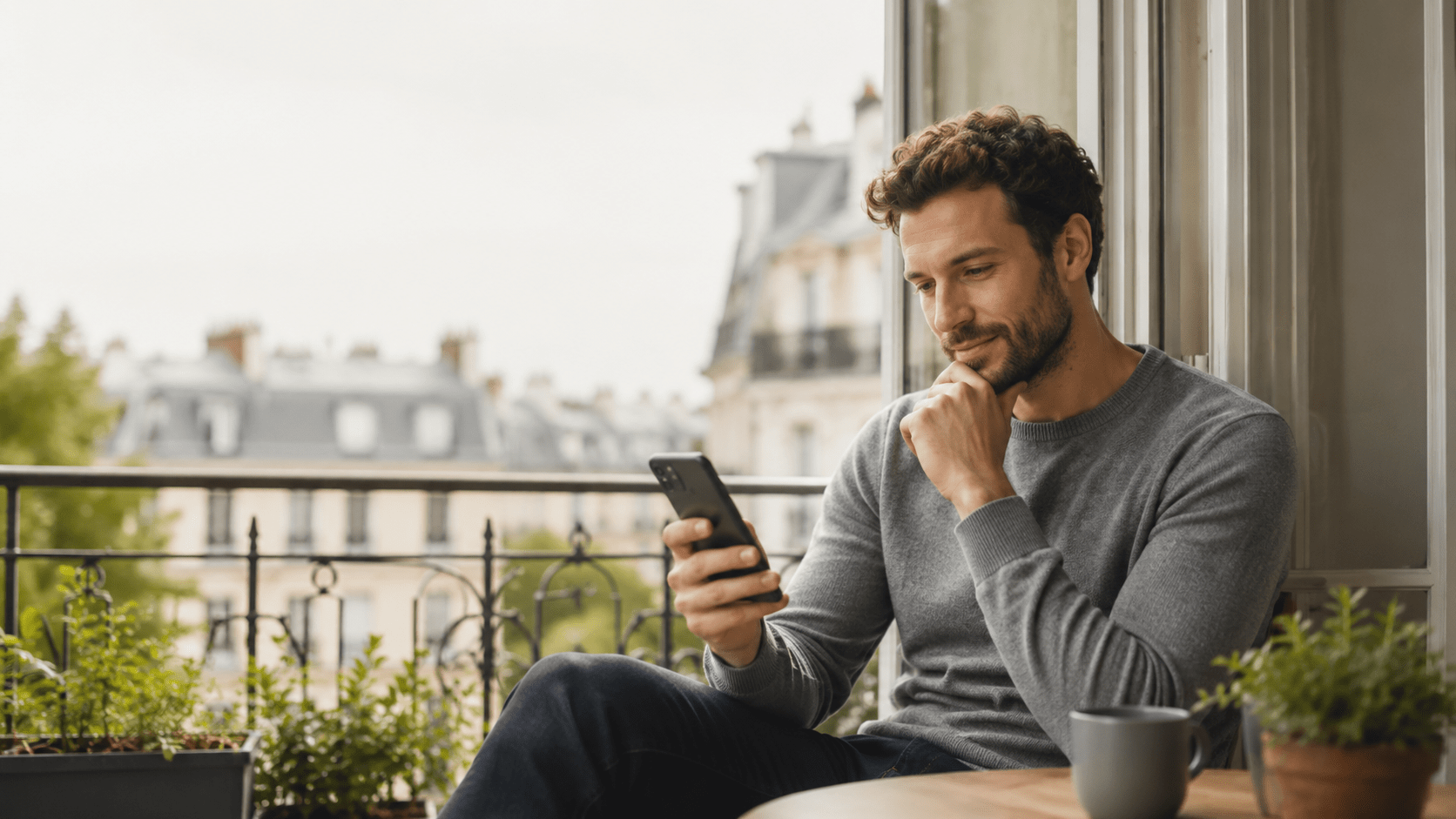 Schwuler Mann schaut nachdenklich auf eine Dating-App auf seinem Smartphone