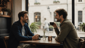 Zwei Männer bei einem Date im Café lächeln sich über einer Tasse Kaffee an