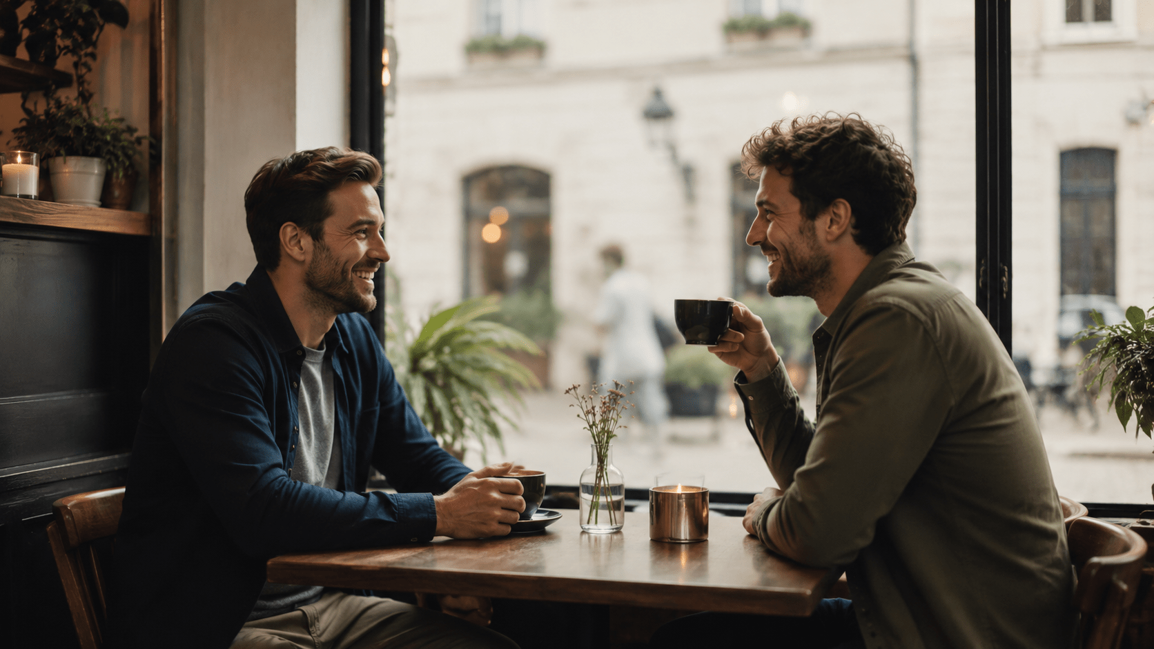 Zwei Männer bei einem Date im Café lächeln sich über einer Tasse Kaffee an