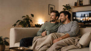 Schwules Paar kuschelt bei einem gemütlichen Filmabend unter einer Decke auf dem Sofa