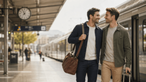 Schwules Paar am Bahnhof vor einer gemeinsamen Reise mit dem Zug