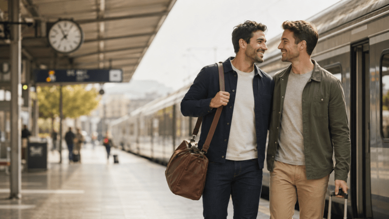 Schwules Paar am Bahnhof vor einer gemeinsamen Reise mit dem Zug