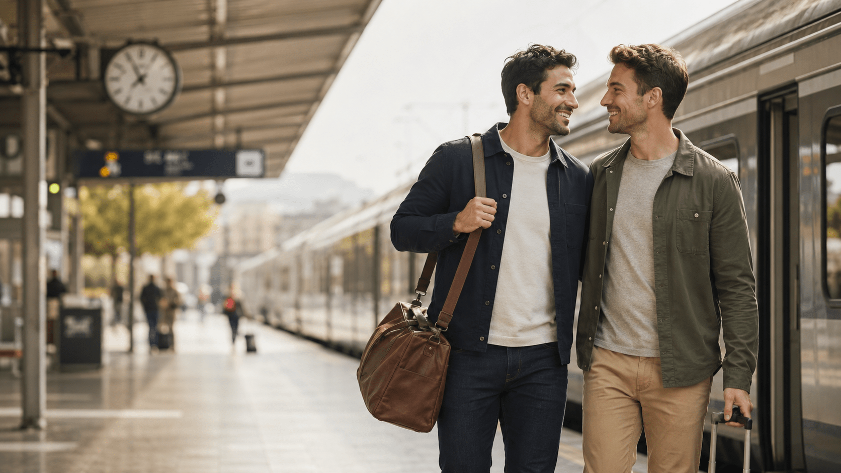 Schwules Paar am Bahnhof vor einer gemeinsamen Reise mit dem Zug
