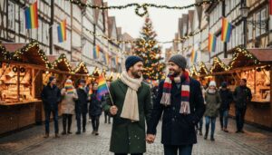 Schwules Paar läuft Hand in Hand über einen weihnachtlichen CSD mit Regenbogenfahnen, Lichterketten und Weihnachtsmarkt