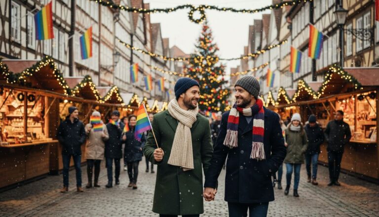 Schwules Paar läuft Hand in Hand über einen weihnachtlichen CSD mit Regenbogenfahnen, Lichterketten und Weihnachtsmarkt